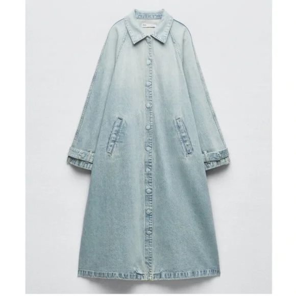 ZARA LIGHT BLUE TRF DENIM TRENCH COAT NEW - Picture 1 of 8